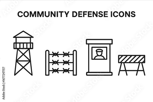 Security and defense icon set. Watchtower, barbed wire fence, guard post, and barricade symbols. Vector outline illustrations for border control, military, prison concepts.