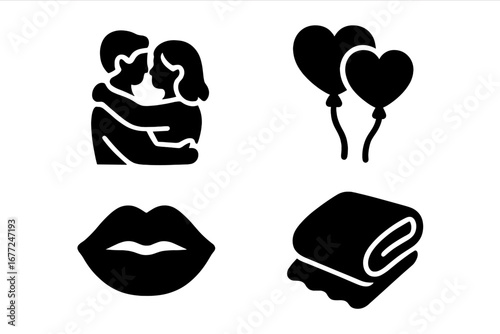 Love and romance icon set. Tender moments glyphs. Couple hugging, heart balloons, lips kiss, and folded towel symbols. Valentine's Day, relationship, and affection concepts.