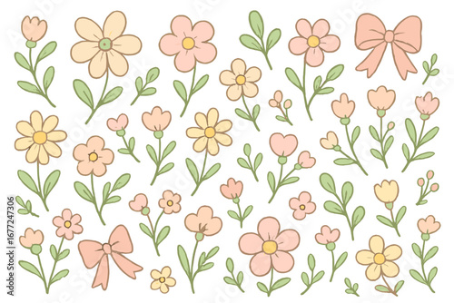 Hand-drawn floral elements set. Cute flowers, leaves, and bows in soft pastel colors. Girly cartoon doodle vector for kids, baby shower, spring design, textile, and scrapbooking.