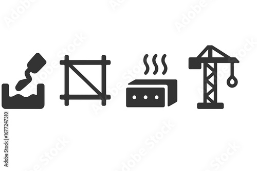 Construction stages icon set. Solid glyph icons for foundation pouring, steel framework, concrete curing, and crane operation. Building process vector illustration symbols.