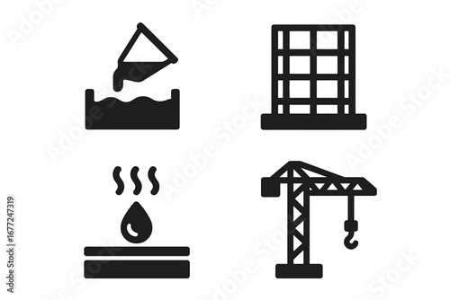 Construction stages solid icon set. Building process vector icons: foundation pour, steel framework, concrete curing, heavy machinery crane. Architecture & industry symbols.