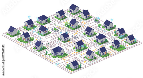 Smart Home Network Isometric Vector Illustration: Connected Houses, Internet of Things (IoT) Technology, and Digital Urban Living Concept