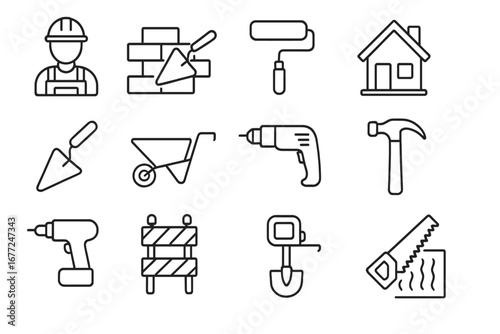 Construction line icon set. Building and renovation tools. Vector builder, hammer, drill, saw, paint roller, bricklayer trowel, wheelbarrow, house repair symbols. Outline.