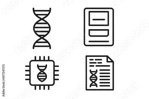 Genomic diagnostics icon set. DNA sequencing, genetic testing vector icons. Includes DNA helix, gene chip, sequencing machine, and bioinformatics data for medical research.