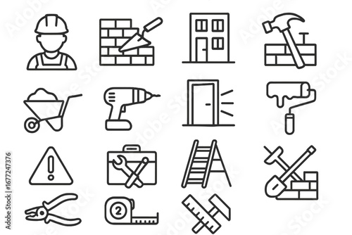 Construction line icons set. Building and renovation symbols. Worker, tools, equipment for repair and maintenance. Home improvement industry. House, brick, hammer, drill vector.
