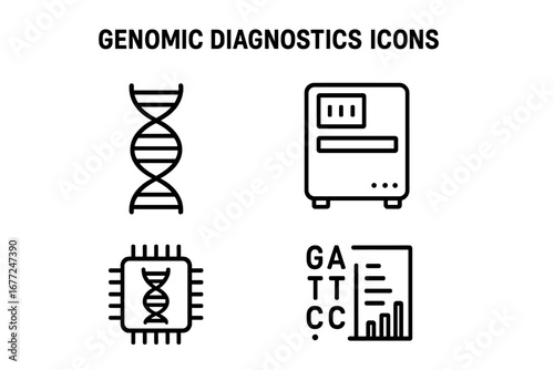 Genomic diagnostics outline icon set. DNA helix, sequencing machine, gene chip and genetic data analysis icons. Concept for biotechnology, science, medicine and research. Vector.