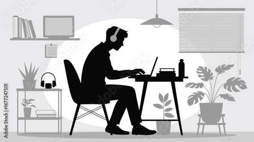 Grayscale illustration of person working at home desk with laptop, headphones, books, plants, and organized decor in modern study setup