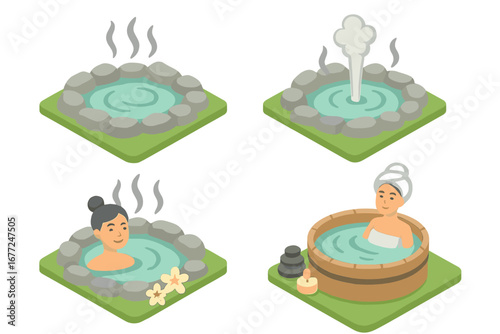 Geothermal hot springs isometric icon set. Japanese onsen, spa, and wellness symbols. Woman relaxing in thermal water. Vector illustration for self-care and hydrotherapy.