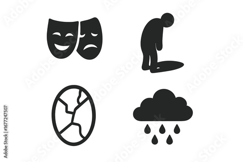 Mental health and psychology icon set. Symbolic emotions vector. Bipolar disorder, depression, split personality concepts. Sad and happy masks, despair, broken mind, rain.