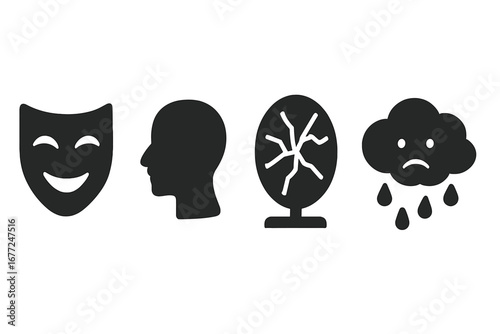 Psychology icon set for mental health concepts. Metaphor for bipolar disorder, split personality, mood swings. Symbolic emotions with happy mask, sad rain cloud, broken mirror.