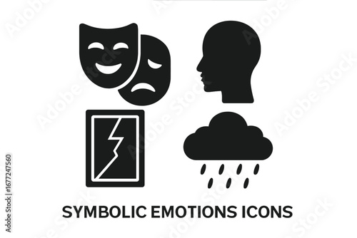 Symbolic emotions icon set for mental health. Psychology concepts like bipolar disorder, split personality, depression. Broken mirror, rain cloud, head silhouette, theater masks.