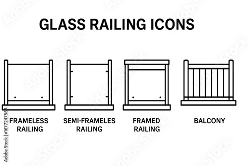 Glass railing icons. Outline icon set of glass railing types. Frameless, semi-frameless, framed railing, balcony. Vector balustrade, handrail, banister, fence illustration.