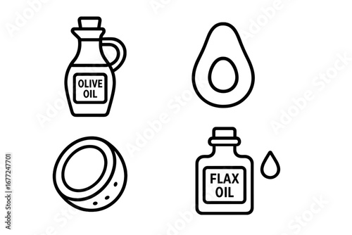Healthy oils and fats outline icon set. Vector collection with extra virgin olive oil, avocado, coconut, and flaxseed oil. For nutrition, diet, keto, and cooking concepts.