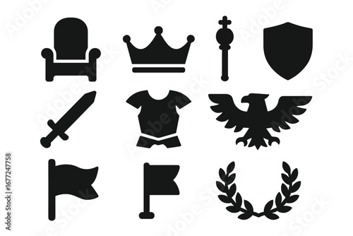 Symbols of power vector icon set. Royalty, monarchy and authority concepts. Solid black silhouettes of throne, crown, scepter, shield, sword, armor, eagle, flag and laurel.