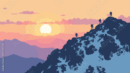 Mount Whitney with hikers reaching the summit at sunrise, California, USA