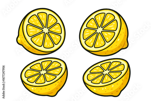 Fresh lemon halves with vibrant yellow color and juicy texture, perfect for culinary uses, cooking, beverages, healthy food, citrus fruit vector cartoon illustration