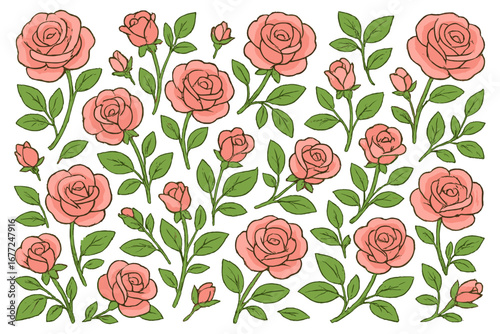 Pink rose floral pattern vector illustration set. Hand drawn botanical collection of cute cartoon flowers, leaves, and buds for spring background, textile print, or wedding invitation.