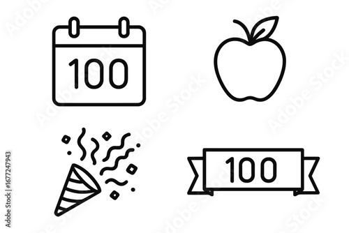 Hundredth Day of School icon set. Vector line art for celebrating 100 days milestone. Includes calendar, apple, confetti popper, and banner icons for educational event design.