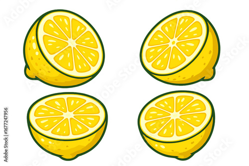 Fresh Lemon Halves on White Background, Vibrant Juicy Yellow Citrus Fruit Slices, Cartoon Vector Illustration for Culinary, Cooking, Beverages, Summer, Healthy Lifestyle
