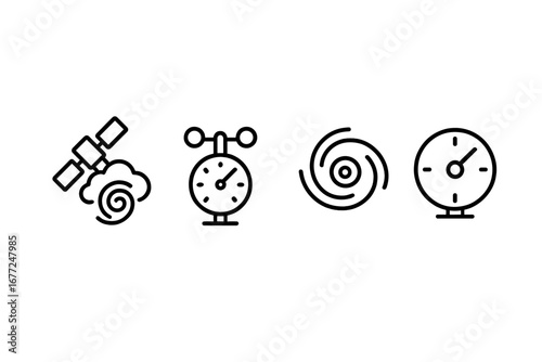 Hurricane tracking icon set. Meteorology and weather forecast vector symbols. Outline collection of satellite, anemometer, cyclone swirl, barometer for storm prediction.