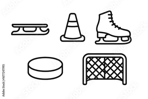 Ice skating and hockey outline icon set. Winter sports equipment symbols. Figure skate, blade, puck, goal net, and training cone. Vector linear pictogram collection.