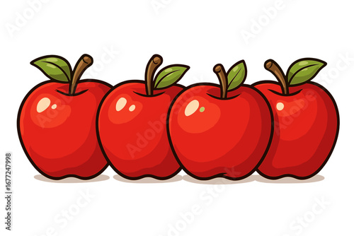 Fresh red apples arranged side by side showing vibrant colors glossy smooth textures in a bright simple cartoon style vector illustration with transparent background