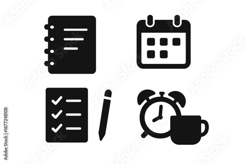 Morning routine glyph icon set. Daily planning and time management symbols. Calendar, checklist, schedule, planner, alarm clock, and coffee cup vector illustration concept.