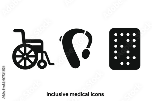 Inclusive medical solid icon set. Accessibility symbols for disability. Wheelchair for mobility, hearing aid for deafness, and Braille for blindness vector pictogram collection.