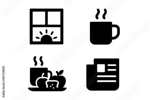 Morning routine solid glyph icon set. Breakfast symbols with tea cup, coffee mug, sunrise through window, newspaper, and healthy food. Wake up concept vector pictograms.