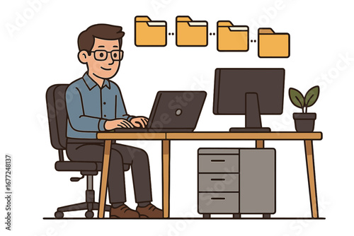 Digital file organization for workflow efficiency. Man at computer managing documents. Business process automation. Data storage, transfer, and management concept. Vector cartoon.