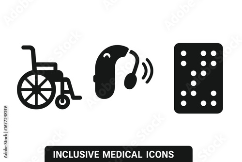 Inclusive medical solid icon set. Accessibility and disability symbols. Wheelchair for mobility, hearing aid for deafness, and braille for blindness. Vector glyph collection.