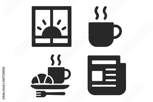 Morning routine solid glyph icon set. Breakfast, coffee, tea, newspaper, sunrise symbols. Food and drink vector silhouettes for web, mobile app. Daily life concept illustration.