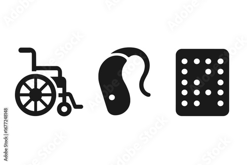 Inclusive medical icon set showing disability and accessibility. Solid vector glyphs of a wheelchair, hearing aid, and braille chart for mobility, hearing, and vision impairment.