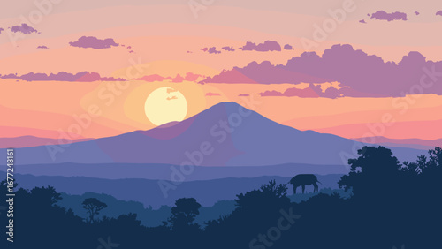 Mount Meru overlooking Arusha National Park at dawn, Tanzania