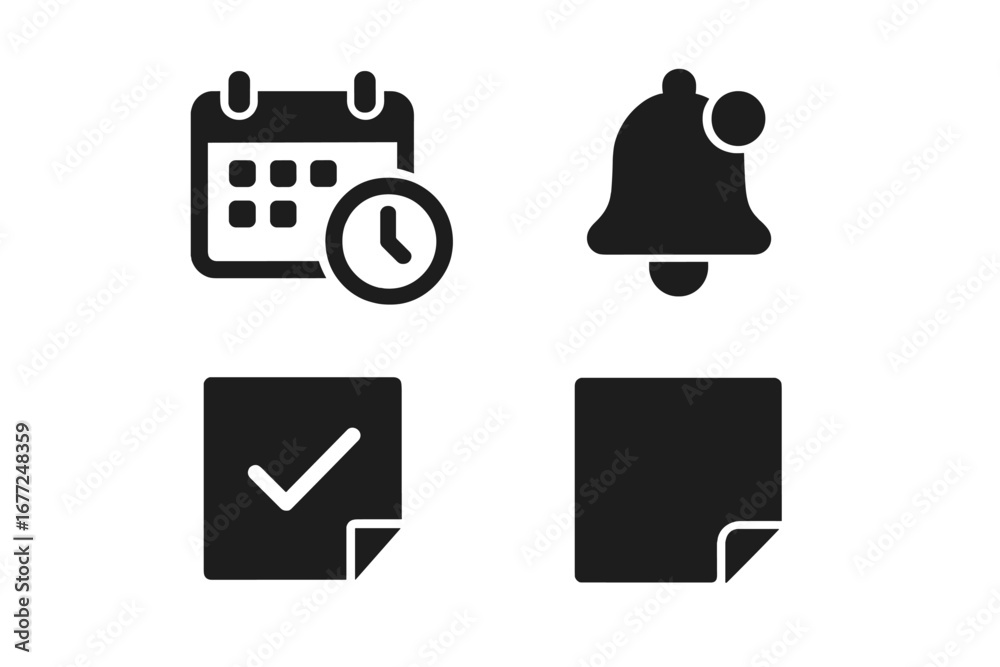 Fototapeta premium Task management solid glyph icon set. Project planning and scheduling symbols. Calendar with clock for deadlines, reminder bell for notifications, and sticky notes for tasks.