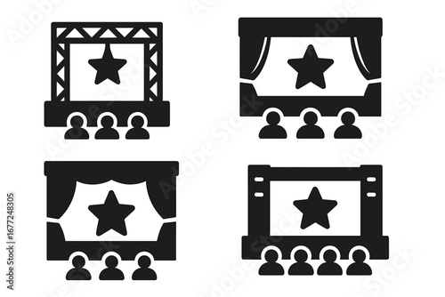 Talent show stage icon set. Solid glyph icons of outdoor concert, theater, cinema, and school auditorium stages with audience. Vector for performance and competition concepts.