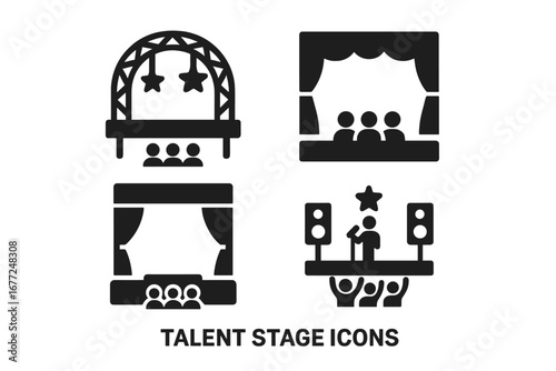 Talent stage solid icon set. Vector glyphs of competition, theater, outdoor concert, and festival performance. Includes performer, audience, curtains, and school auditorium.