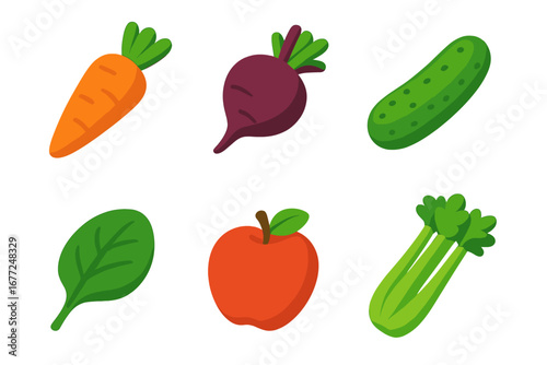 Juice ingredients icon set. Vector cartoon illustration of healthy food for detox smoothie. Carrot, beetroot, cucumber, spinach, apple, celery. Flat isometric design elements.