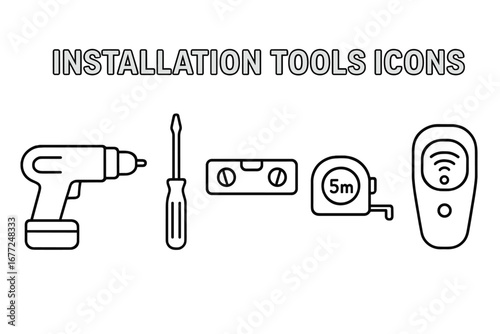Installation tools outline icon set. Home improvement and construction symbols. Power drill, screwdriver, level, measuring tape, stud finder icons. DIY repair vector graphic.