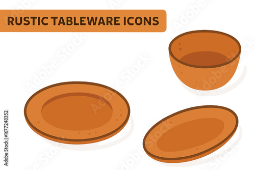 Rustic Tableware Icons. Isometric Flat icon set of a rustic ceramic tableware collection: dinner plate, salad bowl, serving platter. Vector illustration of clay pottery dishware.
