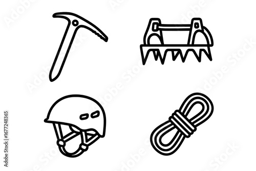 Mountaineering and climbing gear icon set. Vector line art illustration of alpinism equipment: ice axe, crampons, safety helmet, rope. Adventure, expedition, winter sport symbols.