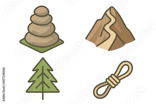 Mountain trail icon set for hiking and adventure. Isometric vector symbols of cairn, narrow ridge path, pine tree, and climbing rope. Outdoor exploration graphic elements.