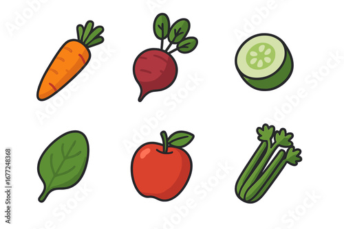 Juice ingredients vector icon set. Fresh raw vegetables and fruits for healthy smoothie or diet. Carrot, beetroot, cucumber, spinach, apple, celery flat cartoon illustration.