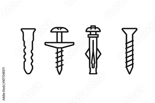 Mounting hardware outline icon set. Wall anchor, toggle bolt, molly bolt, and screw vector icons. Fastener and dowel kit for construction, repair, and DIY installation.