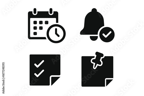 Task management solid glyph icon set. Business productivity and organization symbols. Calendar with clock for schedule and deadline, reminder bell, to-do list, sticky note vector.