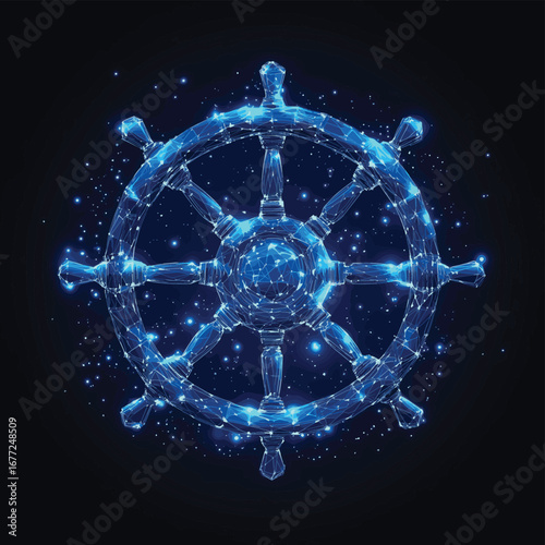 Polygonal digital ship wheel in blue low poly style with starry cosmic background representing navigation leadership and travel concept vector illustration