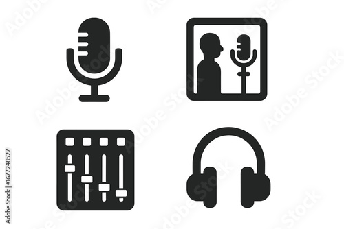 Music recording studio solid glyph icon set. Audio production elements. Vector symbols of microphone, headphones, soundboard mixer, vocal booth for podcast, broadcast, app.