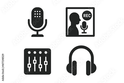 Music recording studio solid icon set. Vector glyphs of microphone, headphones, soundboard mixer, and voice artist in a rec booth. Audio production, podcasting symbols.