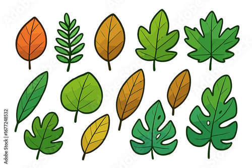 Nature-inspired vector illustration of various colorful leaves in multiple shapes and styles on a plain background, cartoon leaf collection with transparent elements for design