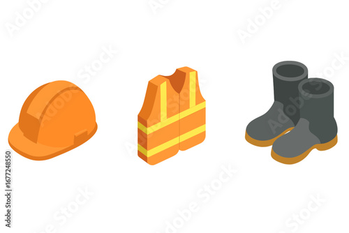 Isometric safety equipment icon set. Personal protective equipment (PPE) vector illustration for construction or industry. Includes hard hat, safety vest, and steel-toe boots.